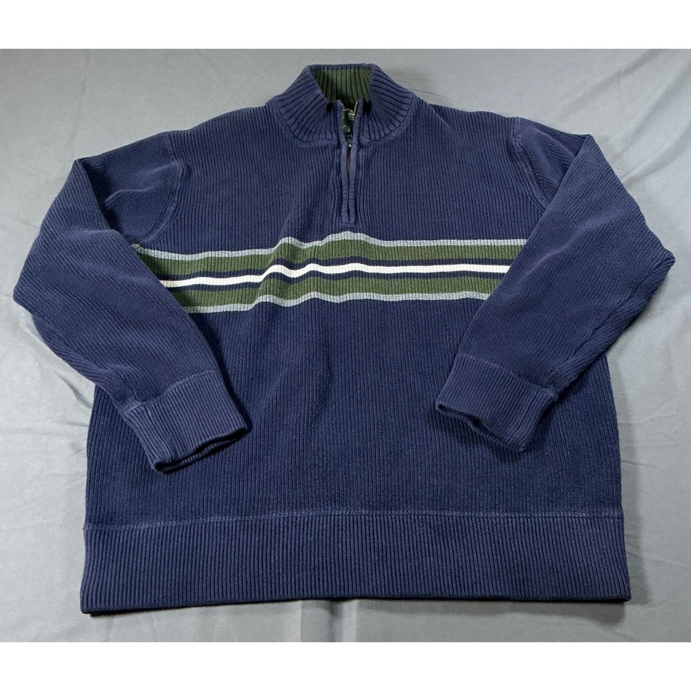 Eddie Bauer Mens Navy Blue Ribbed 1/4 Zip Cotton Sweater Green Stripe Large